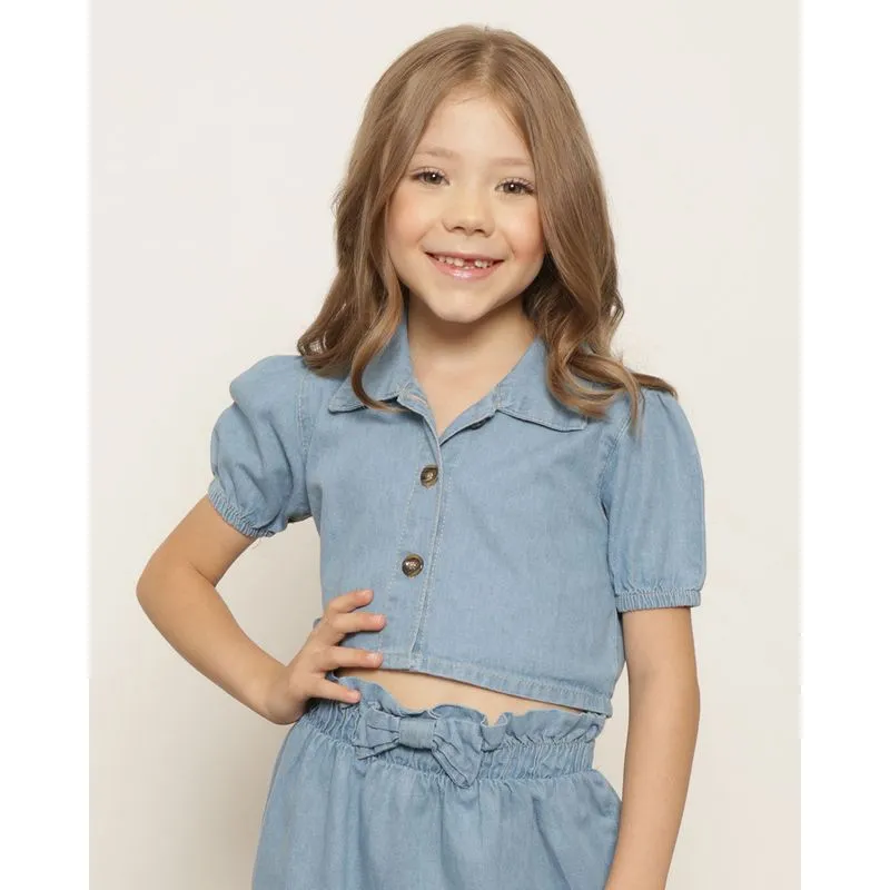 Camisa Infantil Liocel Cropped Manga Curta Azul 8