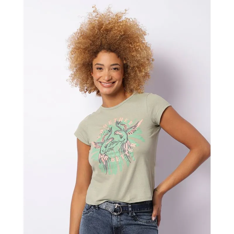 Blusa Feminina Estampa Pássaros Manga Curta Verde P