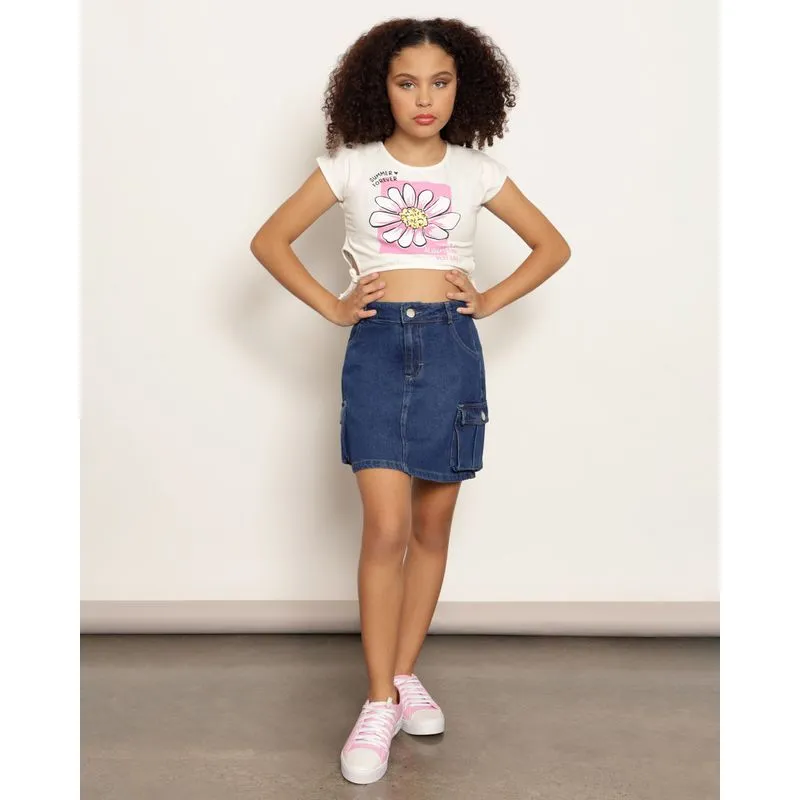 Saia Jeans Juvenil Curta Com Bolso Cargo Azul 12