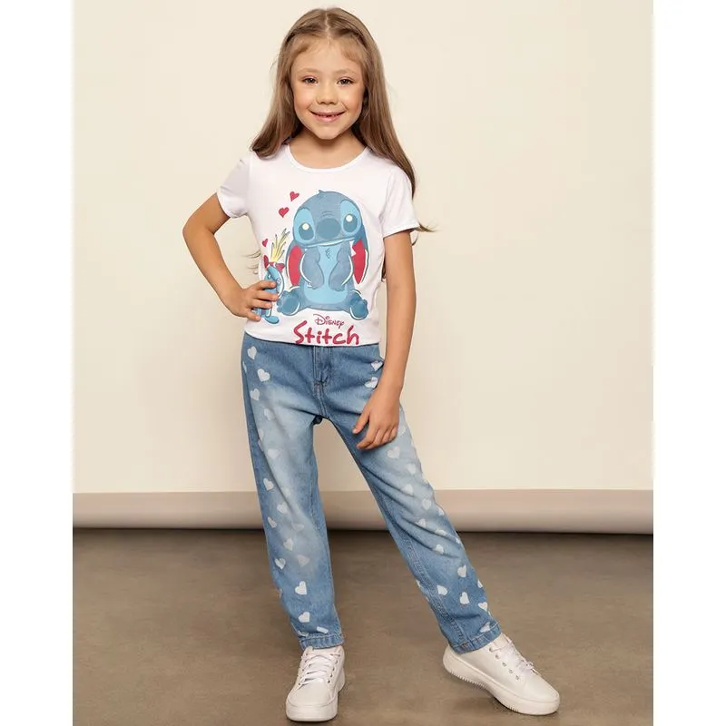 Calça Jeans Infantil Reta Estampa Coração Azul 4