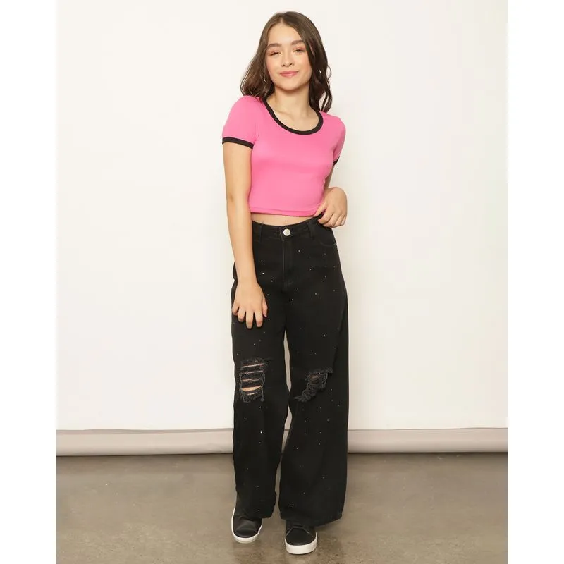 Calça Jeans Juvenil Wide Leg Destroyed Com Aplicação De Strass Preta 10