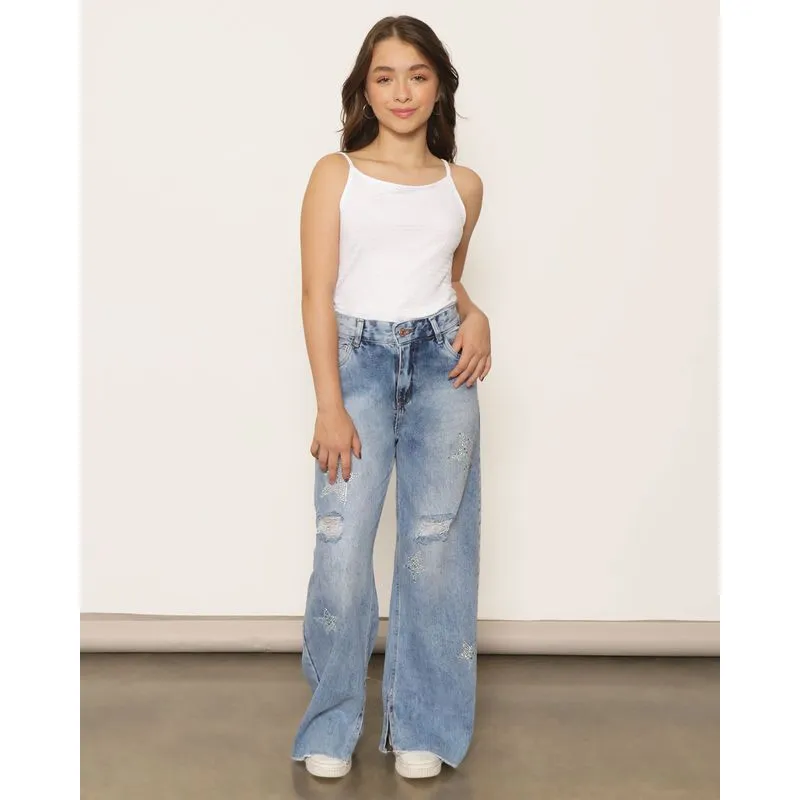 Calça Jeans Juvenil Wide Leg Destroyed Com Aplicação De Strass Azul 16