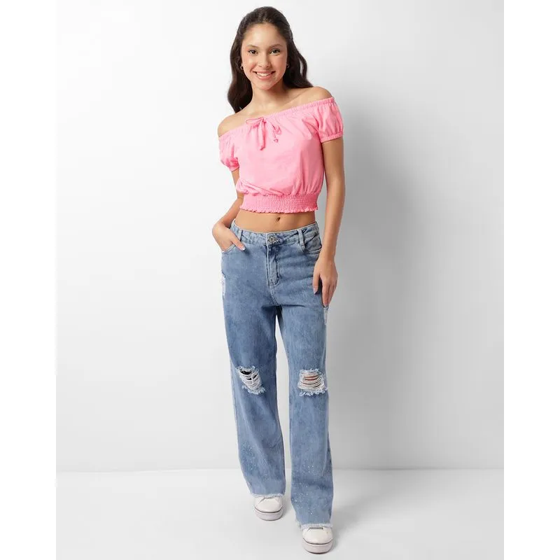 Calça Jeans Juvenil Wide Leg Com Brilhos Barra Desfiada Azul 14