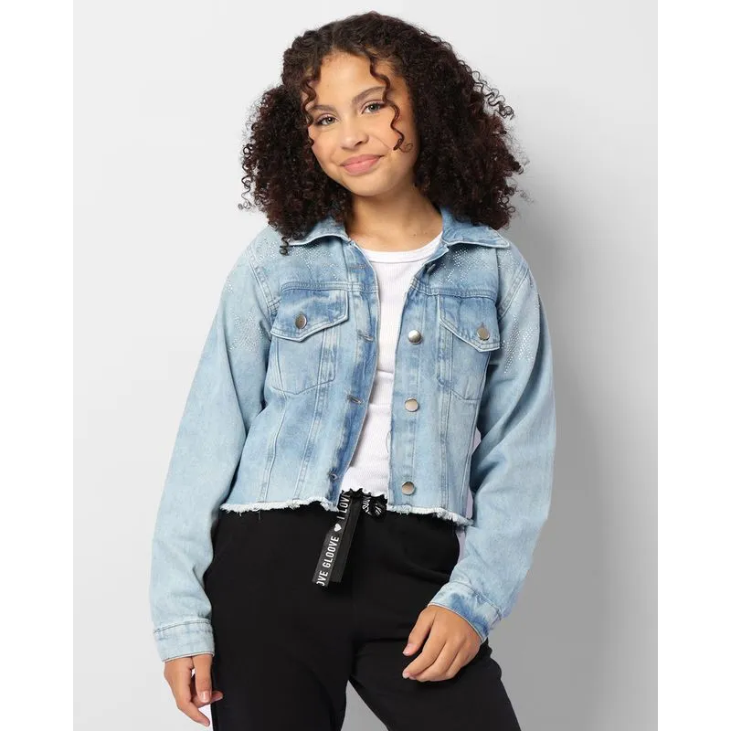 Jaqueta Jeans Juvenil Cropped Com Aplicação Brilho Azul 12