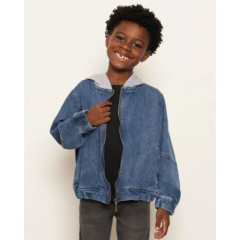 Jaqueta Jeans Infantil Manga Longa Bolsos Com Capuz Azul 6