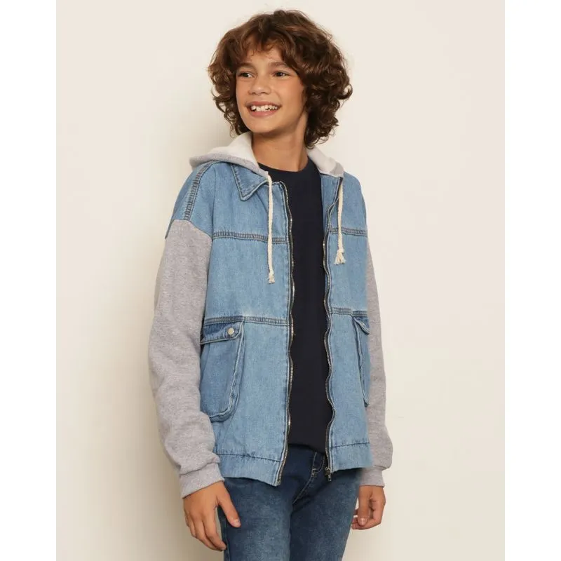 Jaqueta Jeans Juvenil Recortes Com Bolsos Azul 12