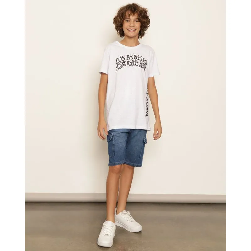Bermuda Jeans Juvenil Reta Bolso Cargo Azul 14