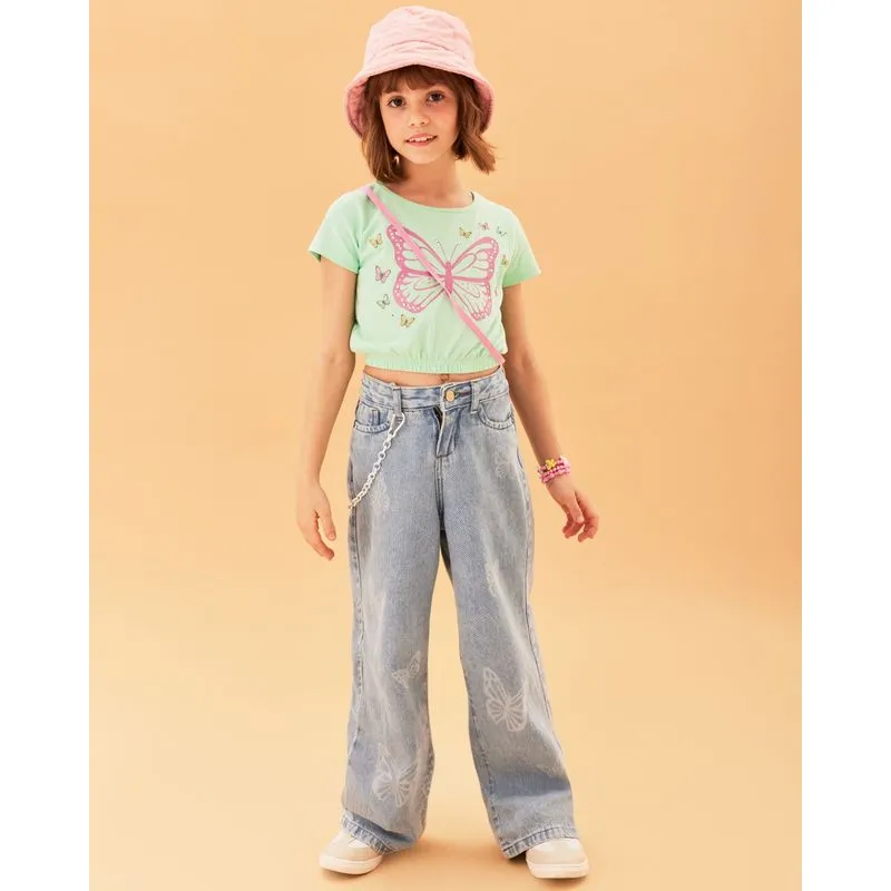 Calça Jeans Infantil Wide Leg Estampa Frontal Azul 4