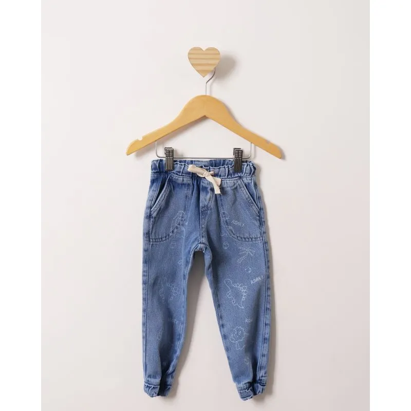 Calça Jeans Bebê Jogger Estampa Frontal Dinossauro Azul 3