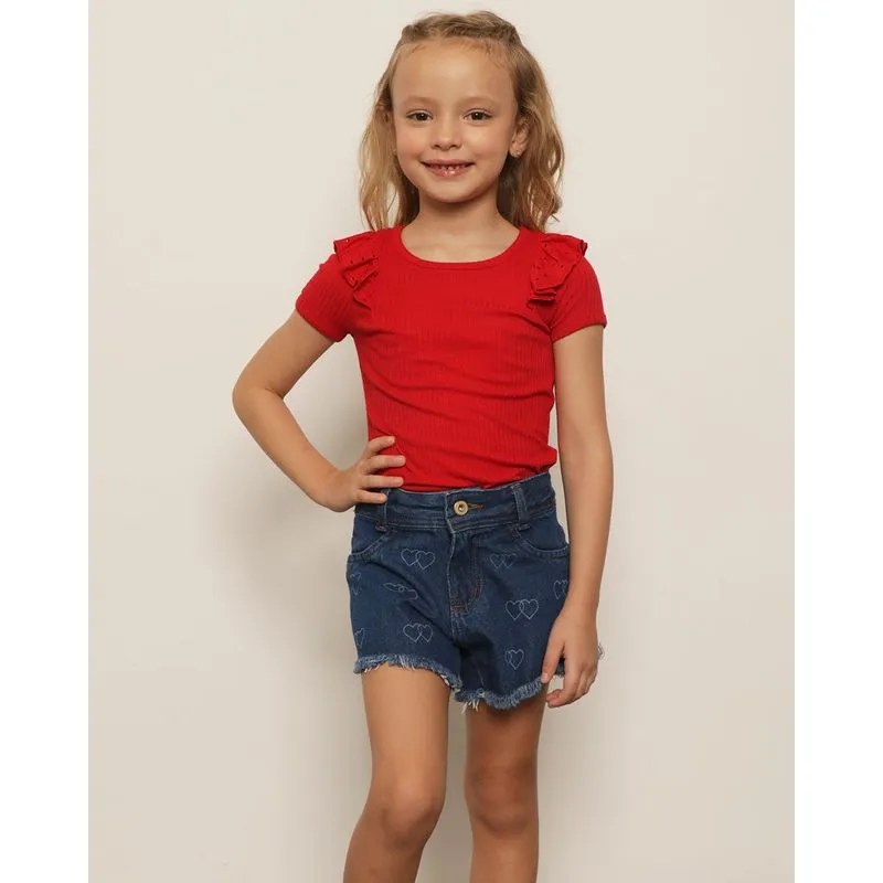 Blusa Infantil Manga Curta Com Babado Laise Vermelha 10