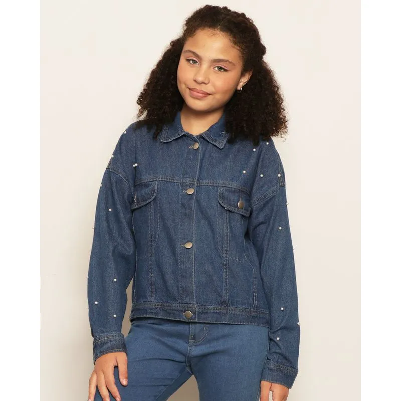 Jaqueta Jeans Juvenil Botões Com Pérolas Azul 14