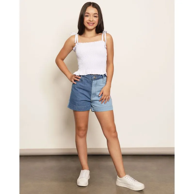 Short Jeans Juvenil Com Bolsos Bicolor Azul 10