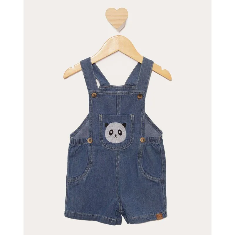 Macaquinho Jeans Bebê Curto Com Babado Panda azul 3