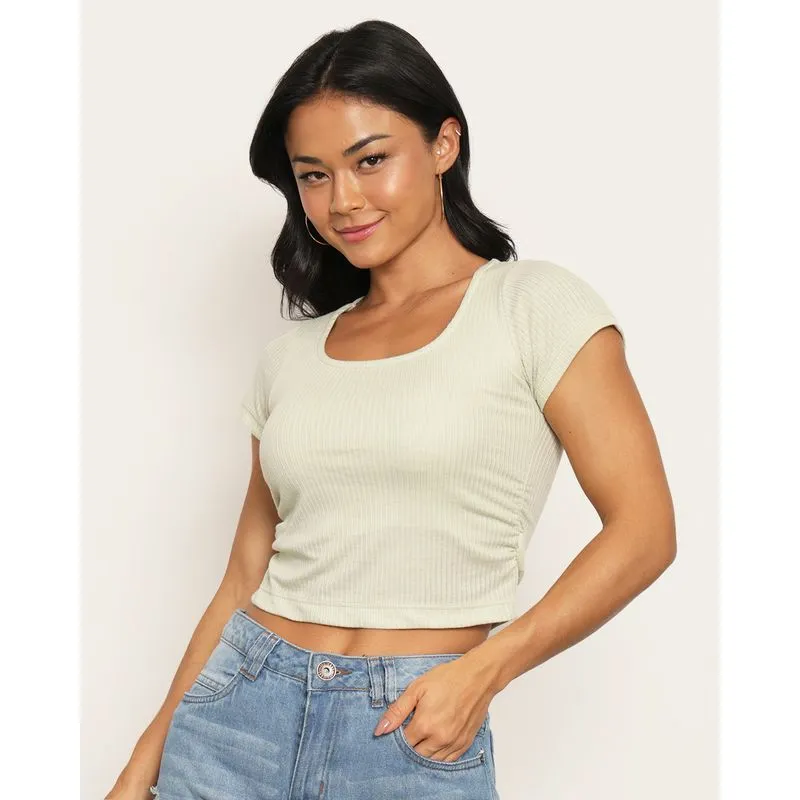 Blusa Feminina Cropped Canelada Franzido Lateral Verde Claro P