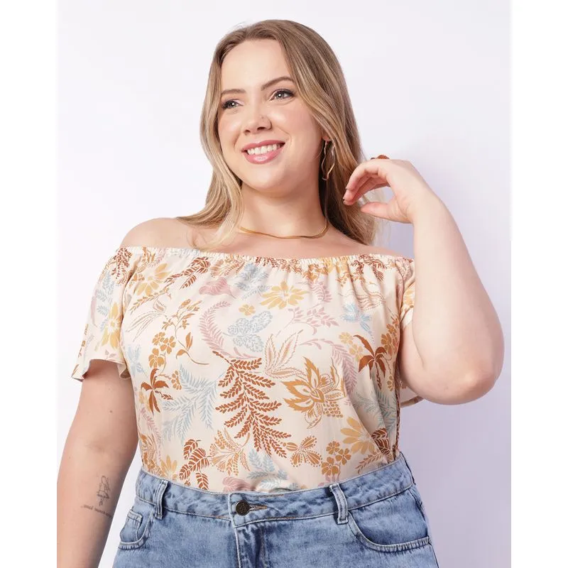 Blusa Feminina Plus Size Ciganinha Estampada Bege G1