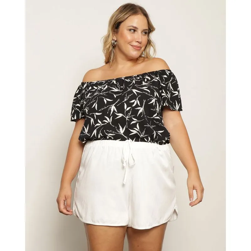 Blusa Plus Size Feminina Berry & Co. Ciganinha Estampada Preta G3
