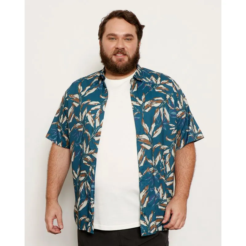 Camisa Plus Size Masculina Estampa Folhagens Manga Curta Azul 5