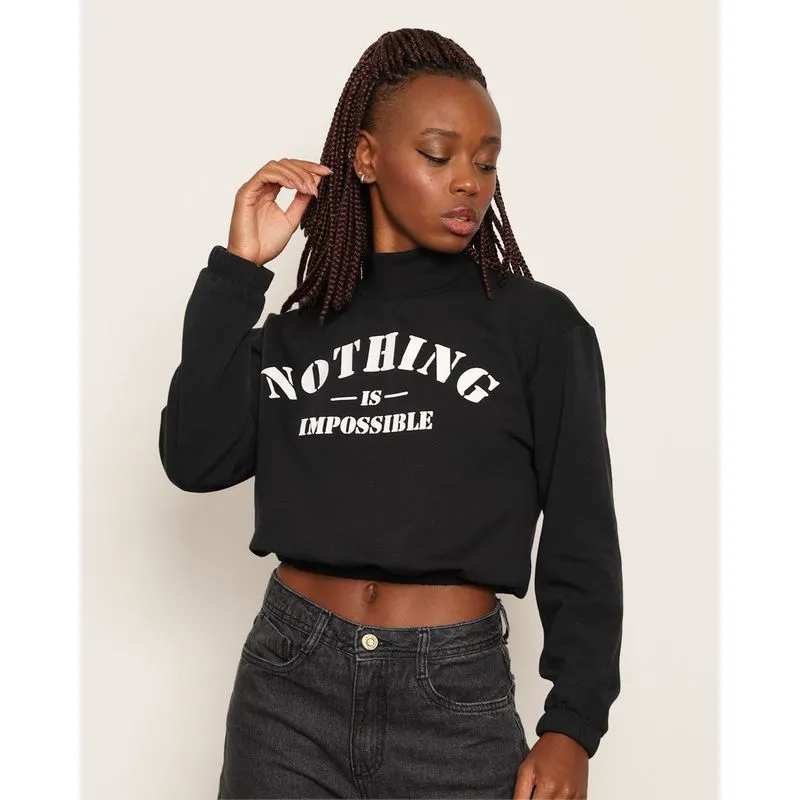 Blusão Moletom Feminino Gola Alta Estampa Preta M