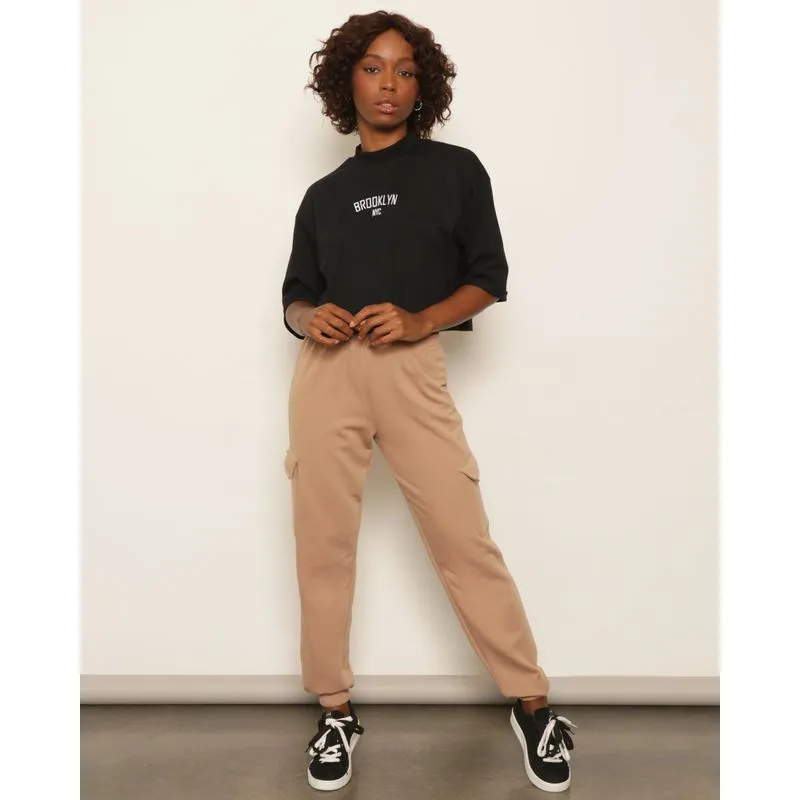 Calça Moletom Feminina Peluciada Jogger Bolso Cargo Bege P