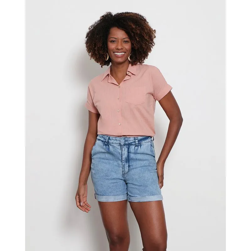 Camisa Feminina Com Bolso Manga Curta Rosa GG