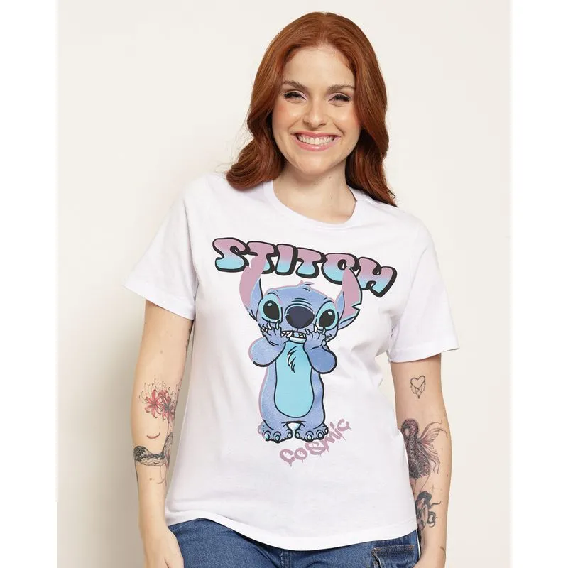 Camiseta Feminina Disney Stitch Manga Curta Branca P