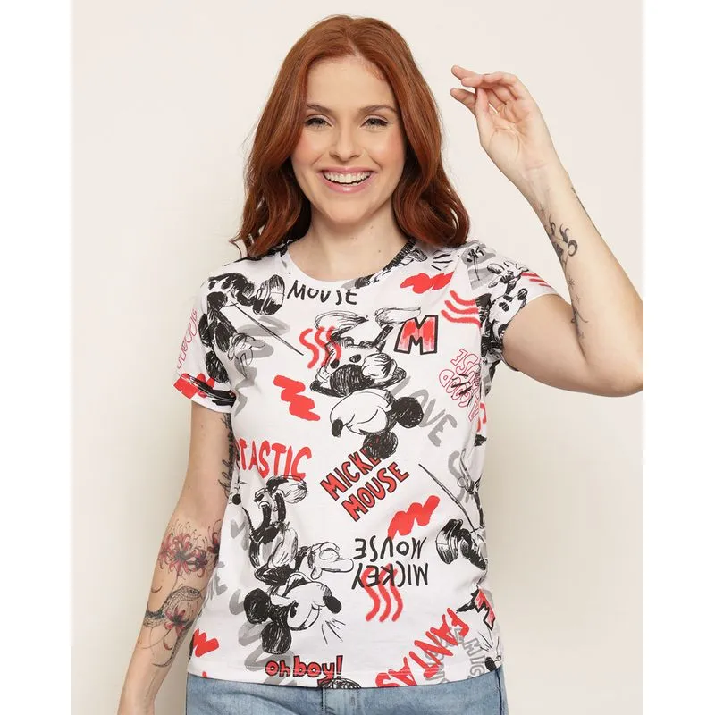 Camiseta Feminina Disney Estampada Mickey Manga Curta Branca GG