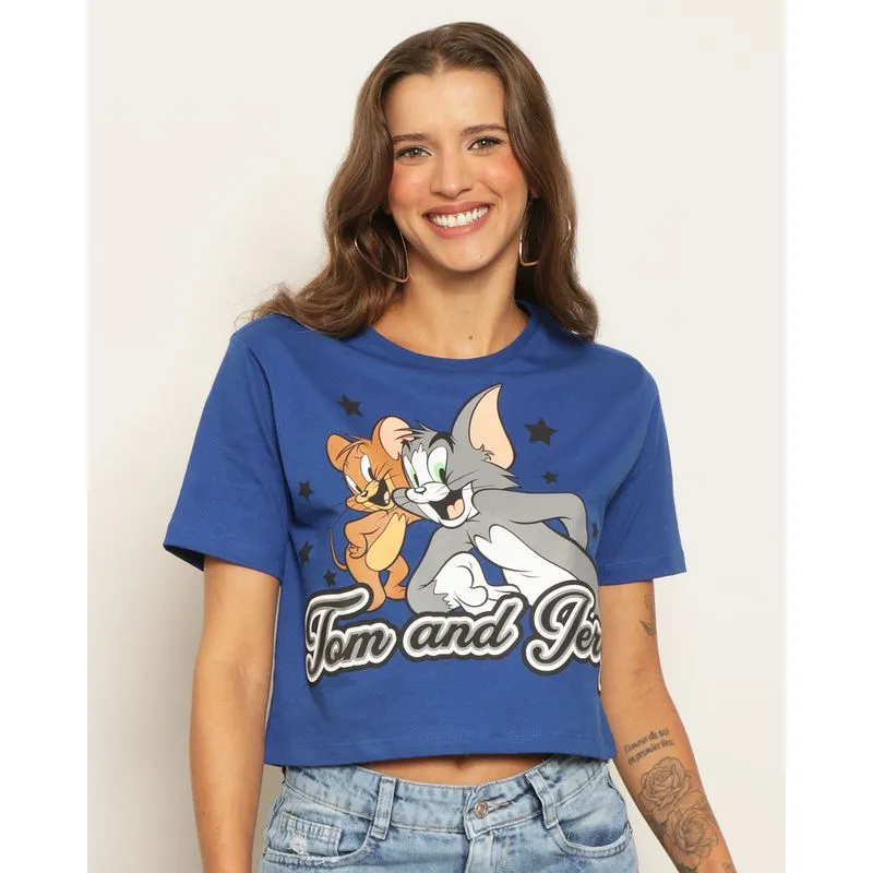 Camiseta Feminina Cropped Warner Tom E Jerry Manga Curta Azul M