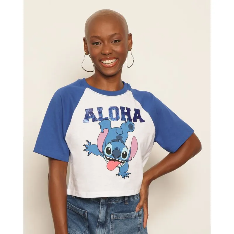 Camiseta Cropped Feminina Disney Stitch Manga Curta Raglan Branca P