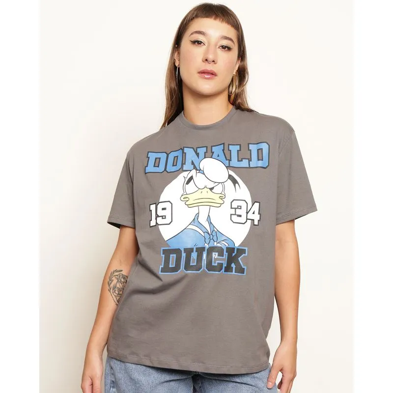 Camiseta Feminina Disney Pato Donald Over Size Manga Curta Cinza M