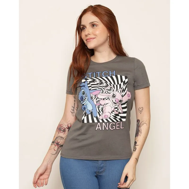 Camiseta Feminina Disney Stitch E Angel Manga Curta Cinza M