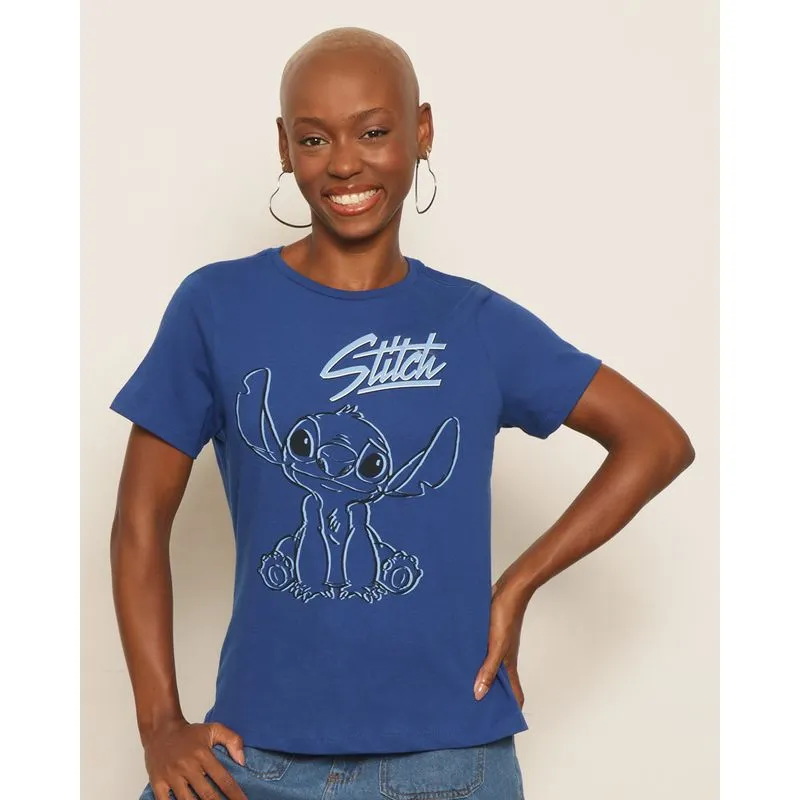 Camiseta Feminina Disney Stitch Manga Curta Azul P