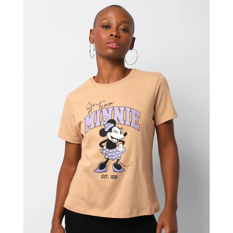 Camiseta Feminina Algodão Disney Minnie Manga Curta Bege GG