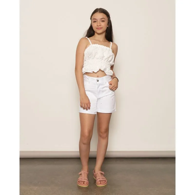 Short Juvenil Sarja Com Aplique Perola Branco 16