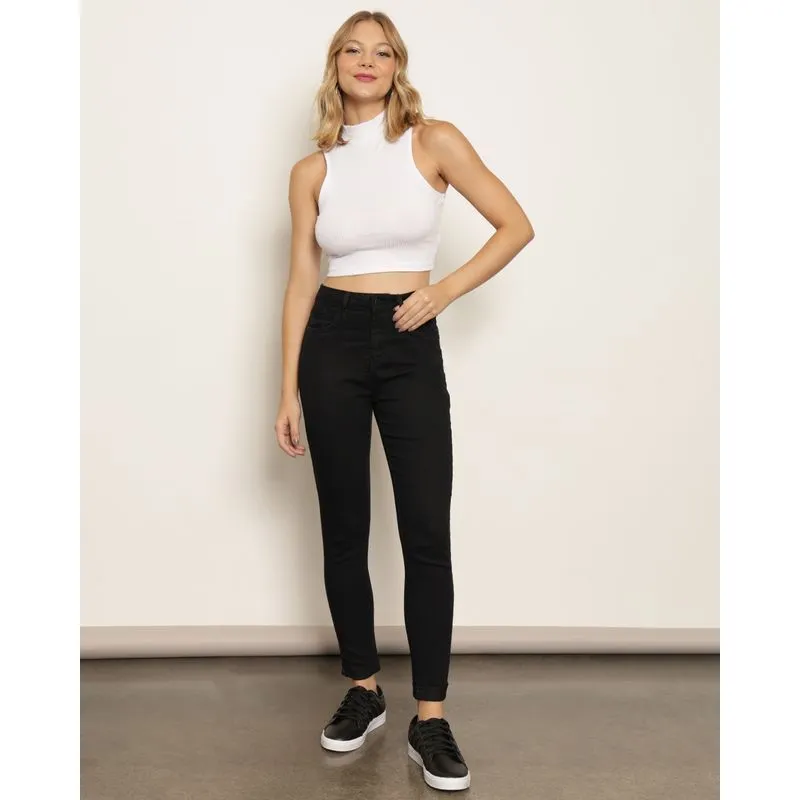Calça Jeans Feminina Cigarrete Barra Dobrada Preta 40