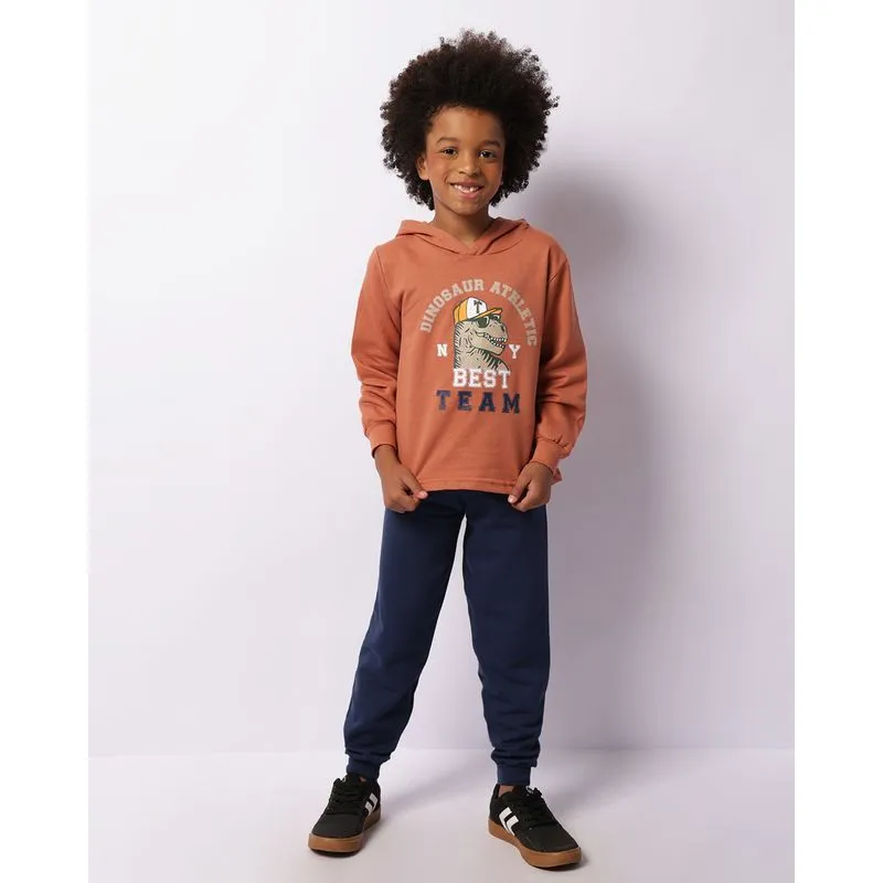Conjunto Moletom Infantil Peluciado Dinossauro Athletic Com Capuz Marrom 6