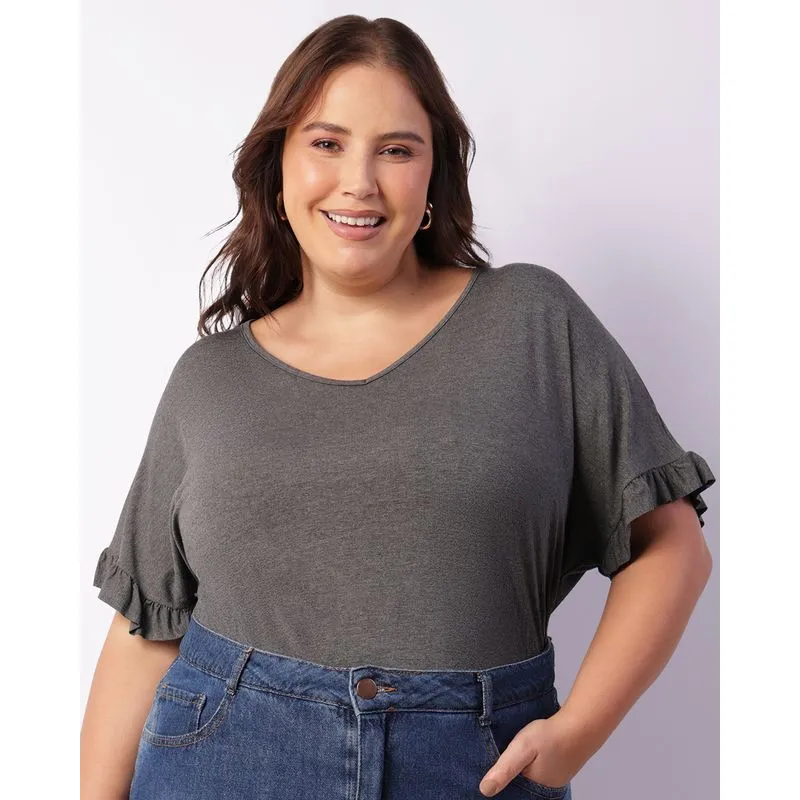 Blusa Plus Size Feminina Manga Curta Com Babado Cinza G1