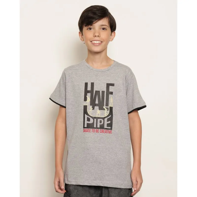 Camiseta Juvenil Estampa Skate Manga Curta Mescla Cinza 16