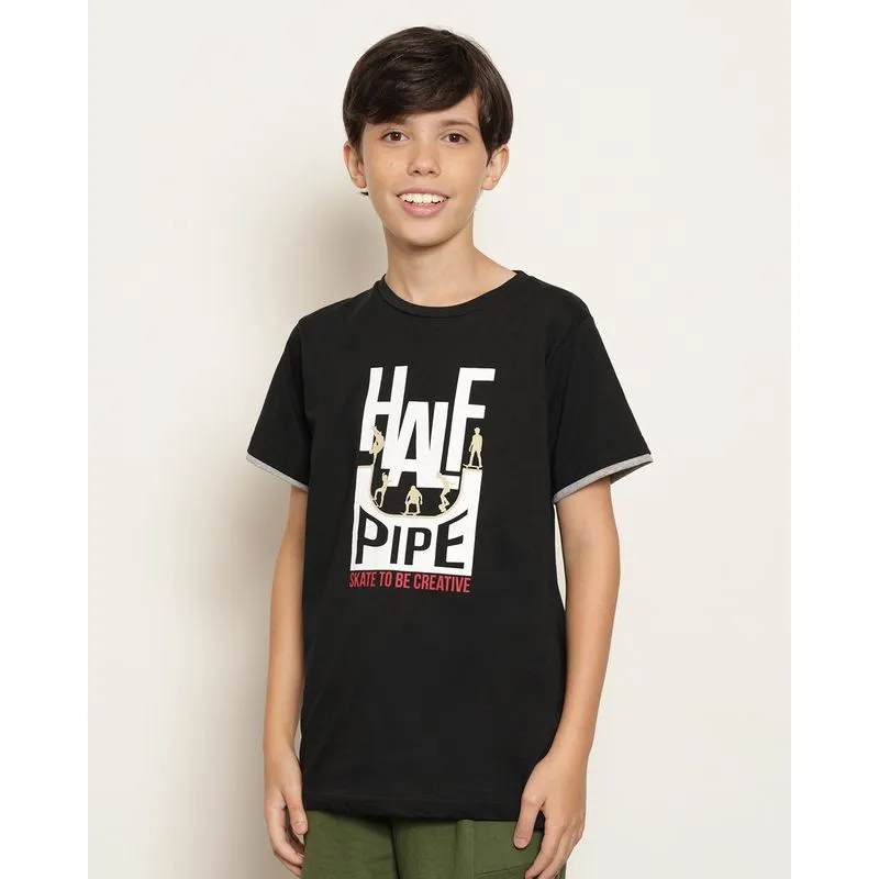 Camiseta Juvenil Estampa Skate Manga Curta Preta 12