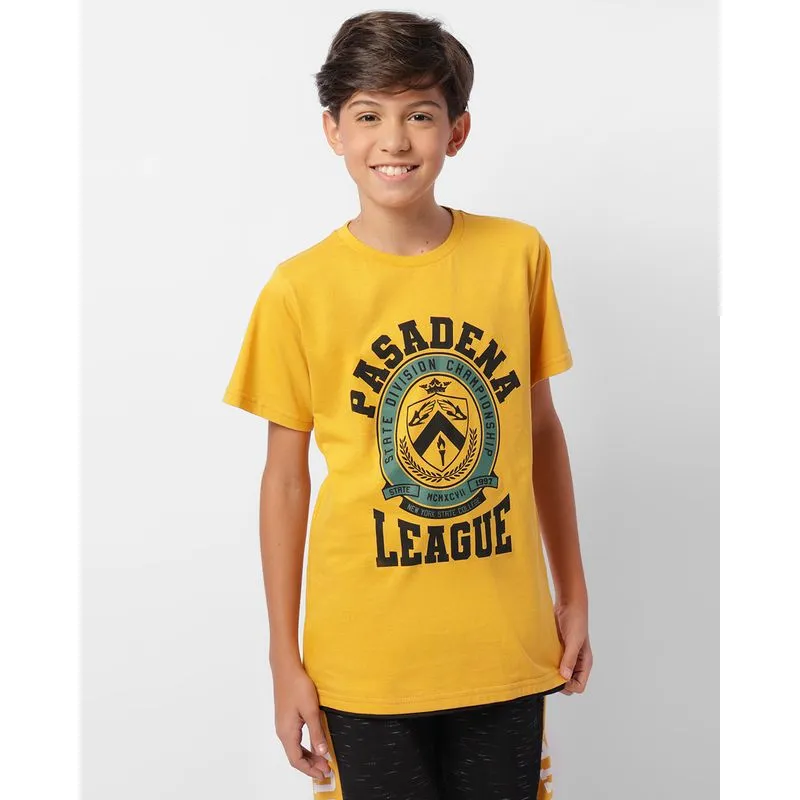Camiseta Juvenil Estampa Pesadena Manga Curta Mostarda 16