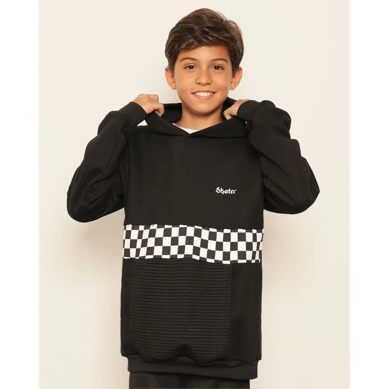 Blusão Moletom Juvenil Peluciado Bolso Canguru Com Recorte Estampado Preto 12