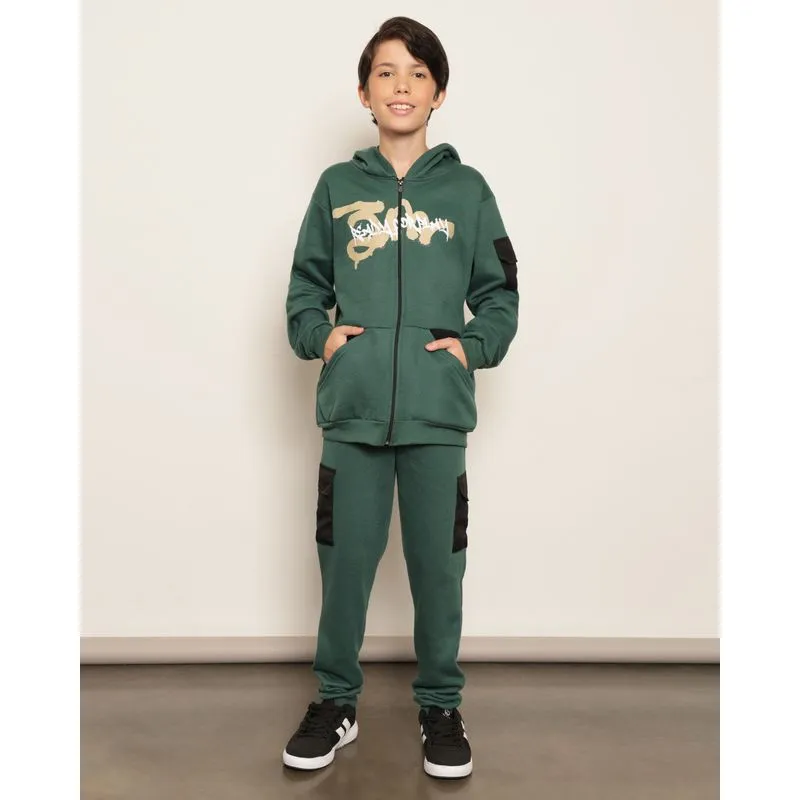 Calça Moletom Juvenil Jogger Peluciado Bolso Cargo Verde 12