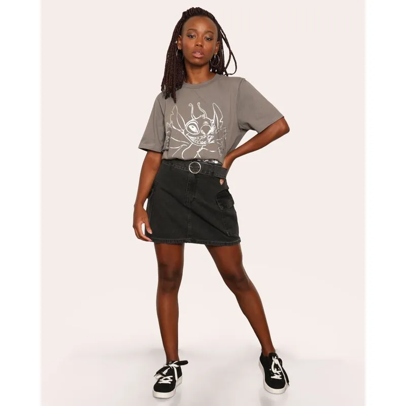 Saia Jeans Feminina Curta Bolso Cargo Com Cinto Preta 36