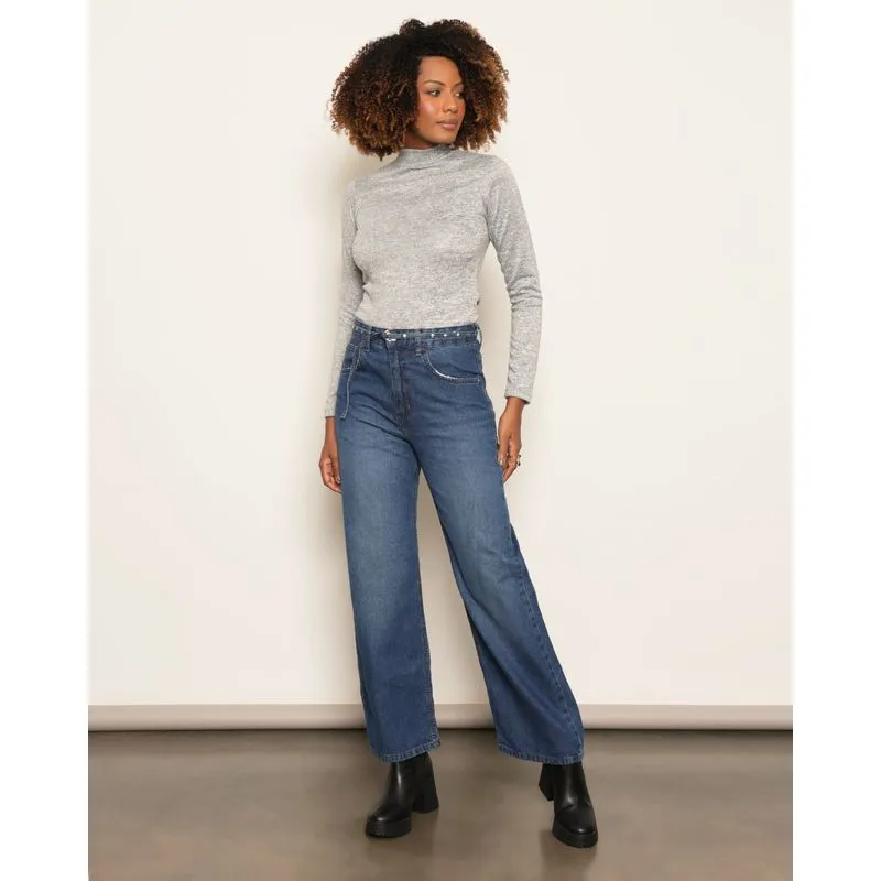 Calça Jeans Feminina Reta Com Cinto Azul 42
