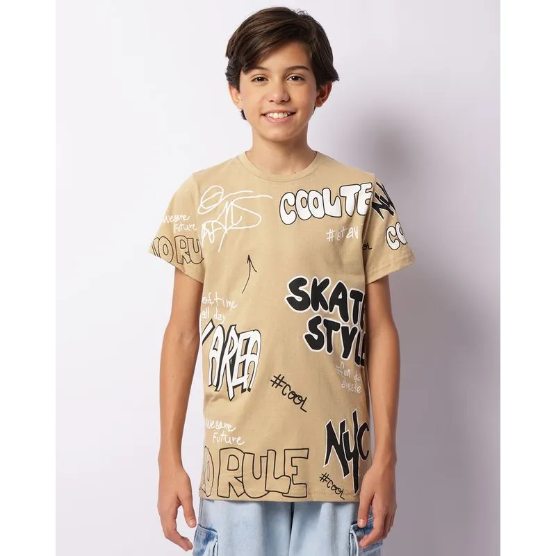 Camiseta Juvenil Estampa Arte Urbana Manga Curta Bege 14