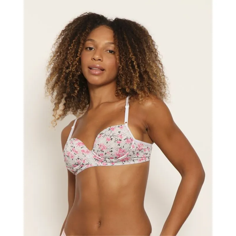 Sutiã Feminino com Bojo Estampado Floral Cinza 44