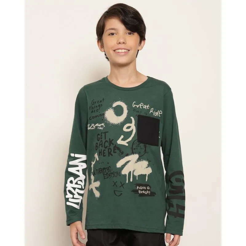 Camiseta Juvenil Estampada Com Bolso Texturizado Manga Longa Verde 14
