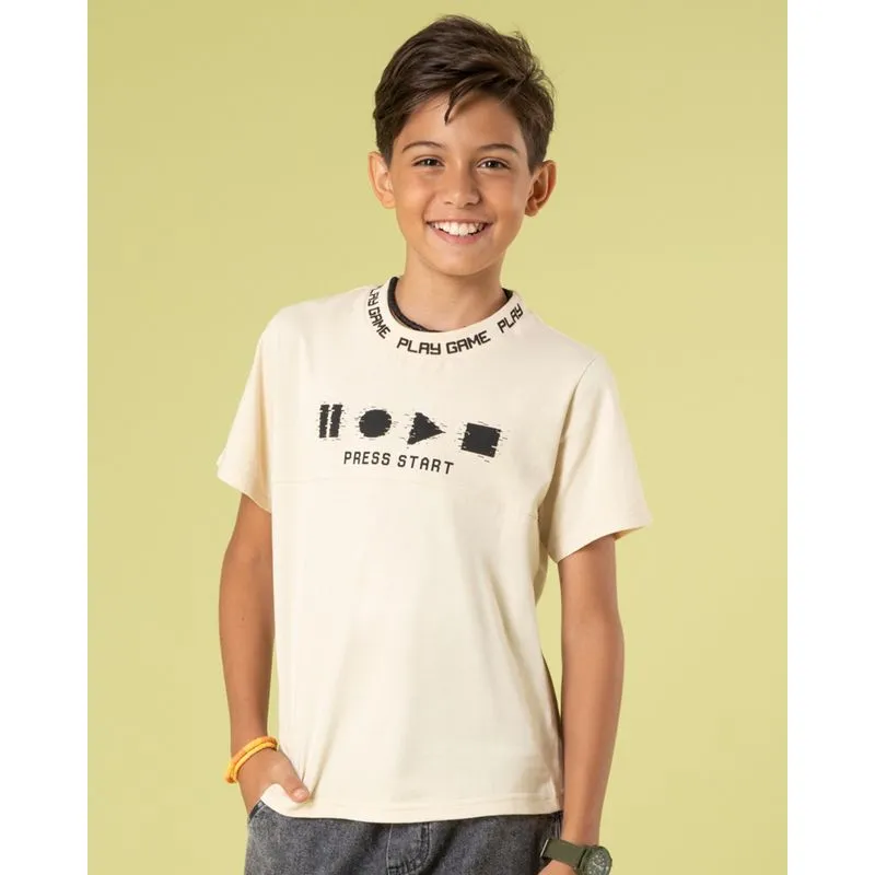 Camiseta Juvenil Texturizada Estampa Game Manga Curta Bege 14