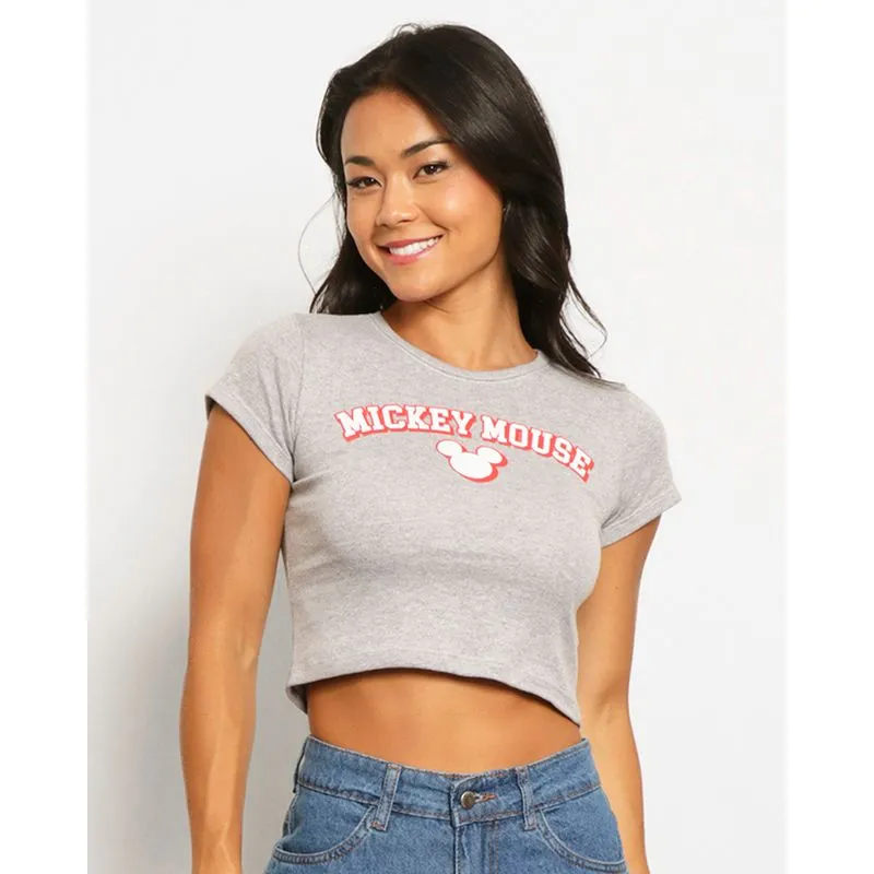 Camiseta Feminina Cropped Disney Mickey Manga Curta Cinza M