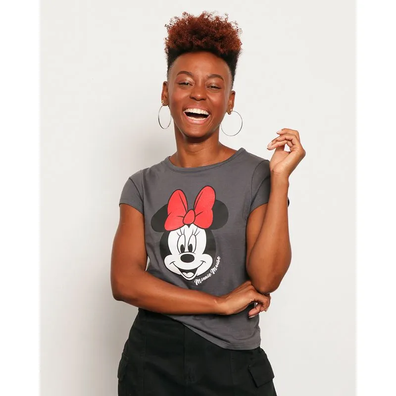 Camiseta Feminina Disney Minnie Manga Curta Cinza P