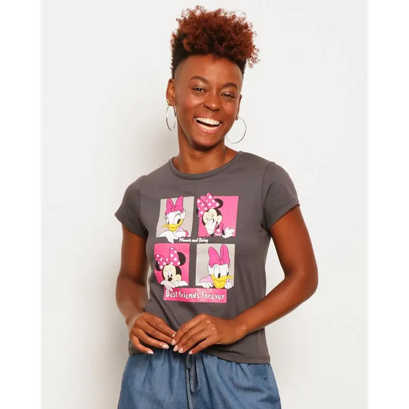 Camiseta Feminina Disney Minnie E Margarida Manga Curta Cinza GG